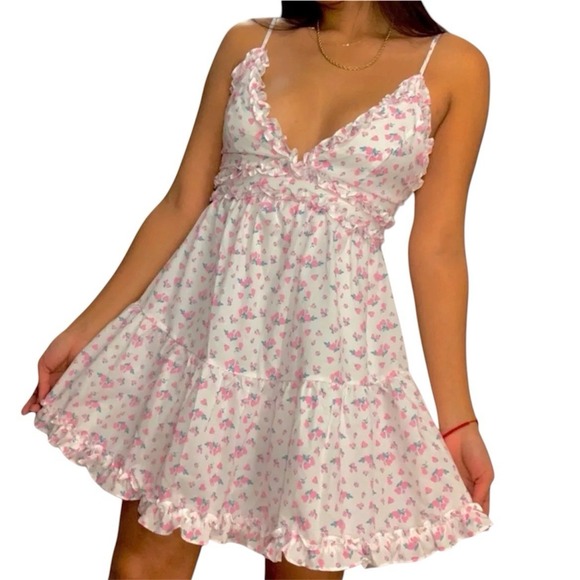 Tiger Mist Dresses & Skirts - NWT Tiger Mist Claudette Pink Floral Ruffle Mini Dress Sz L Coquette Soft Girl
